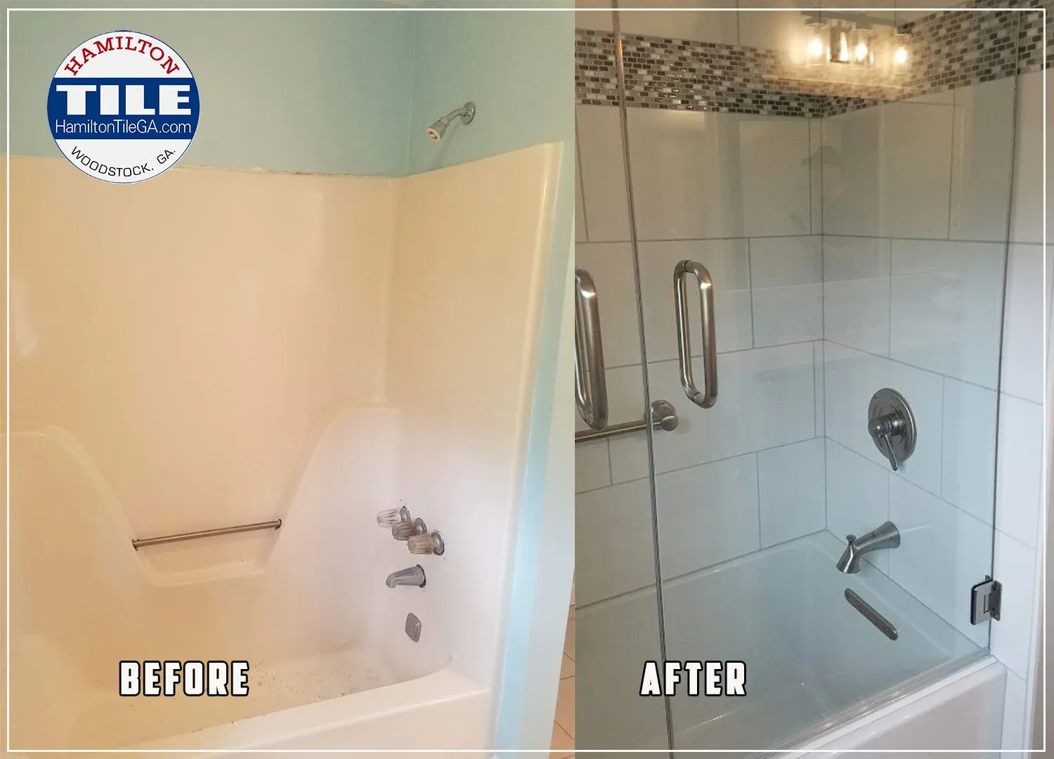 Before and after of the Bostardi guest bathroom renovation in Woodstock, GA.