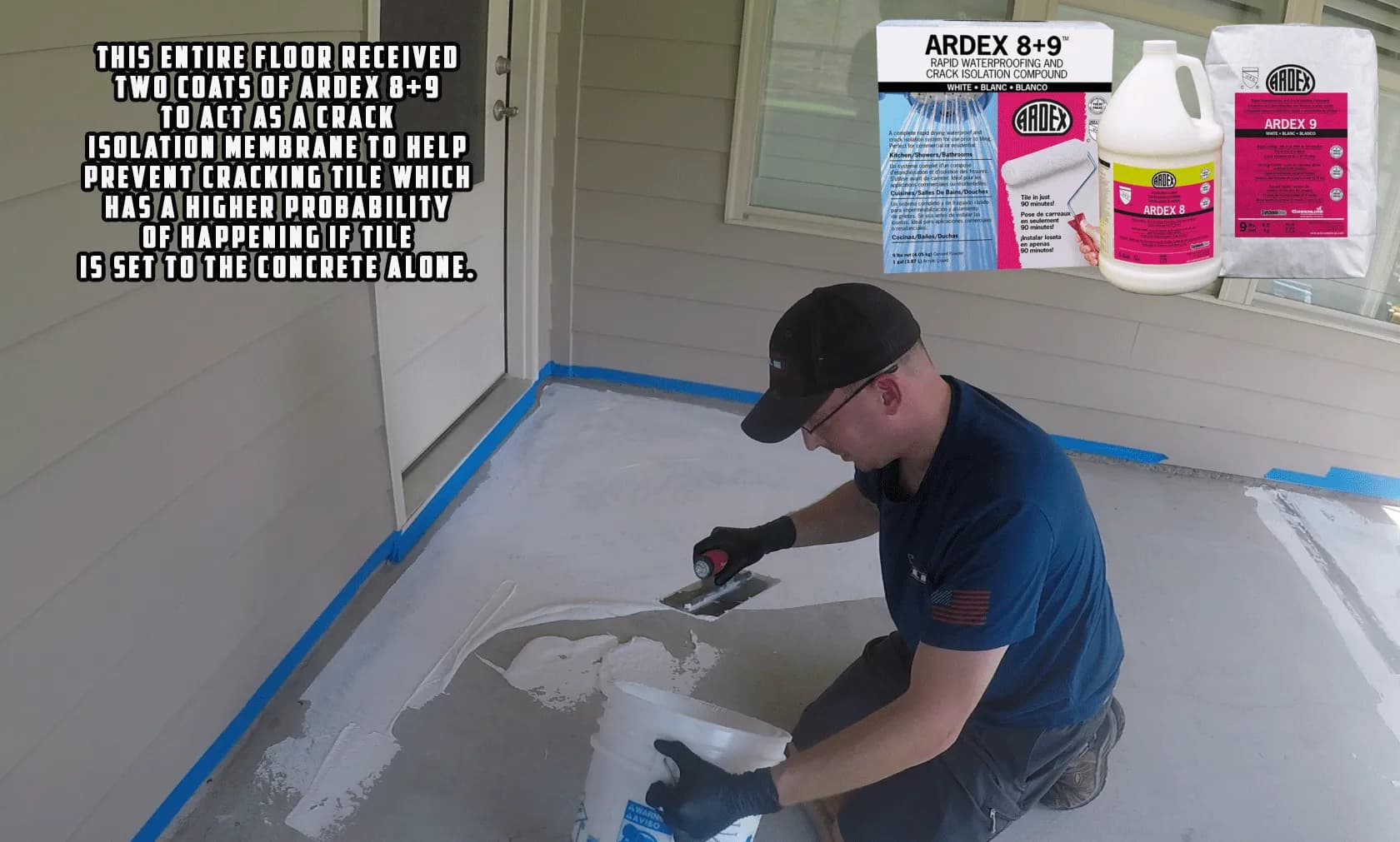 This entire floor received two coats of Ardex 8+9 to act as a crack isolation membrane to help prevent cracking tile which has a higher probability of happening if tile is set direct to the concrete.