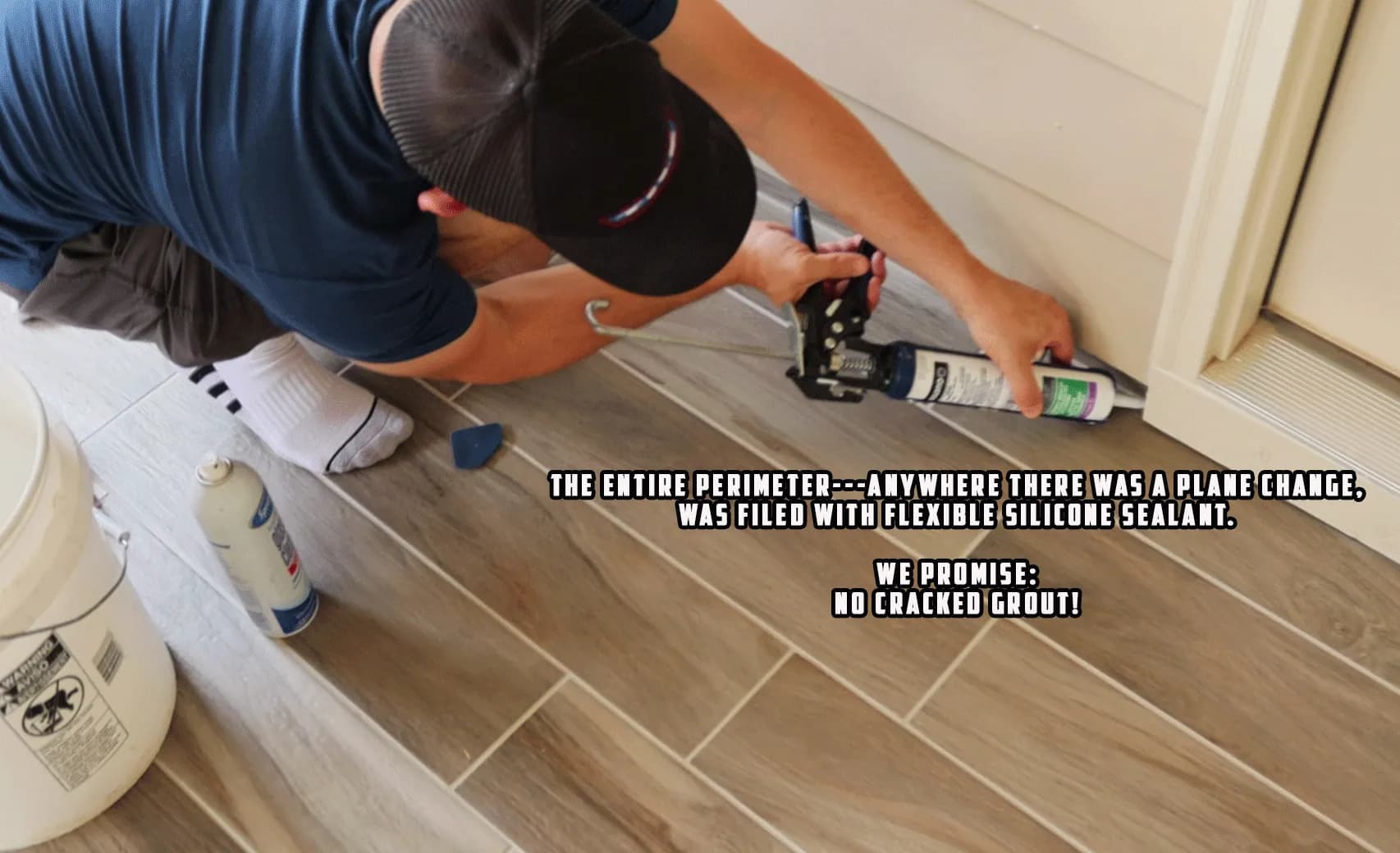 The entire perimeter—- anywhere there was a plane change, was filled with flexible silicone sealant.We promise: No cracked grout in corners if you don’t use grout. Silicone is far superior because it lasts.