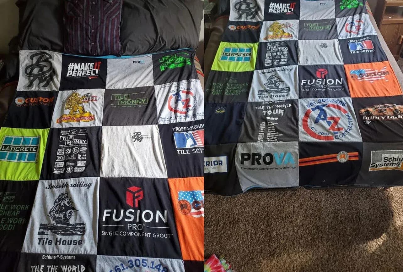 On a side note, look at this blanket my mother in law made. It’s all my tile t-shirts combined into a blanket. What a great gift for a tiler!